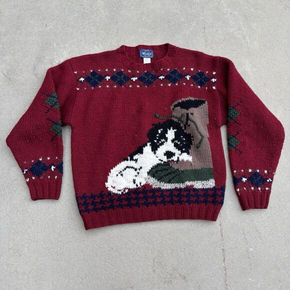 Woolrich Sweaters - Vintage Woolrich 3D Knit Wool Sweater Red Puppy Dog Boot 90s Women’s Large
